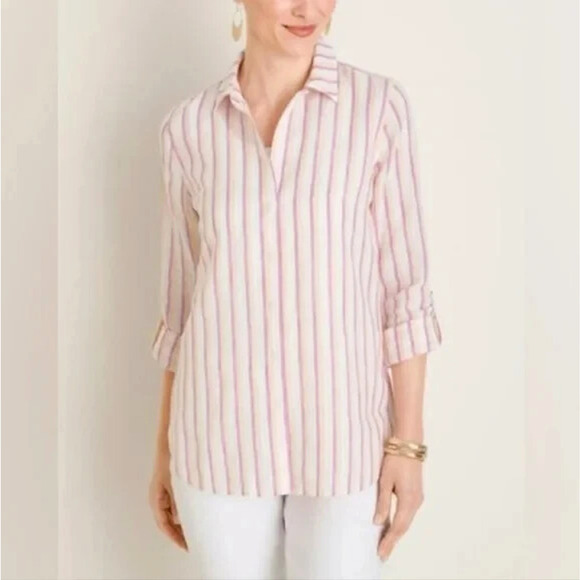 Chico's No Iron Linen Metallic Button Front Shirt Size XL / 3 Roll Tab Sleeves - Picture 1 of 11